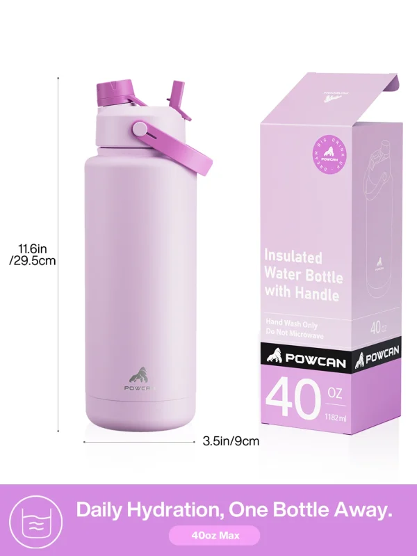 POWCAN 40oz Insulated Stainless Steel Water Bottle - Leak-Proof,, Double Wall Vacuum Insulation for 24H Cold Retention, with Str 2