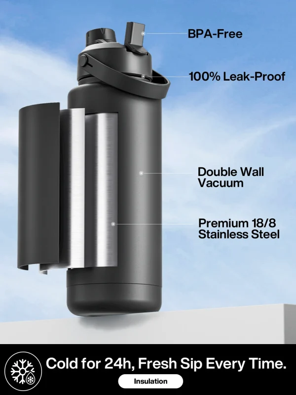 POWCAN 40oz Insulated Stainless Steel Water Bottle - Leak-Proof,, Double Wall Vacuum Insulation for 24H Cold Retention, with Str 3