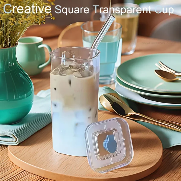 2025 New 400ML Creative Simple Square Glass With Lid And Straw Heat-Resistant Glass For Home Water Glass Wine Glass Bar Supplies 1