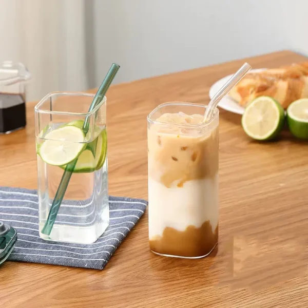 2025 New 400ML Creative Simple Square Glass With Lid And Straw Heat-Resistant Glass For Home Water Glass Wine Glass Bar Supplies 4