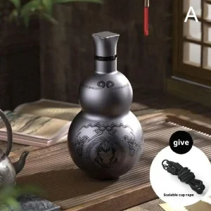 Portable Wukong Theme Gourd Style Water Bottle 304 Stainless Steel Thermal Insulation Cup Black Game Cosplay Lanyard Outdoor 1