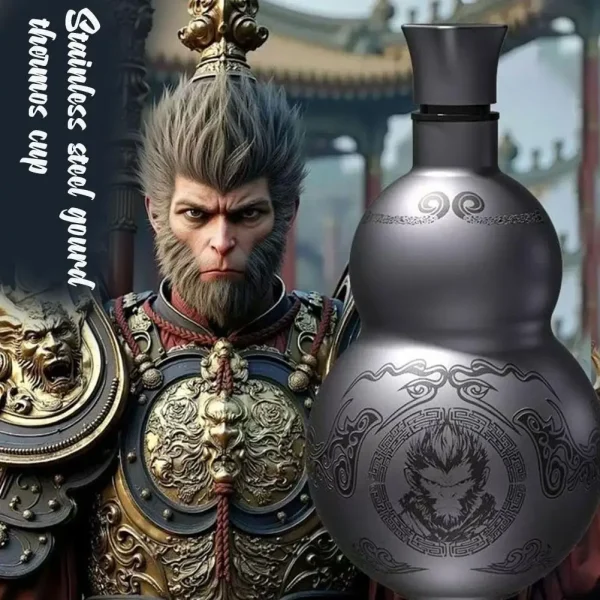 Portable Wukong Theme Gourd Style Water Bottle 304 Stainless Steel Thermal Insulation Cup Black Game Cosplay Lanyard Outdoor 5