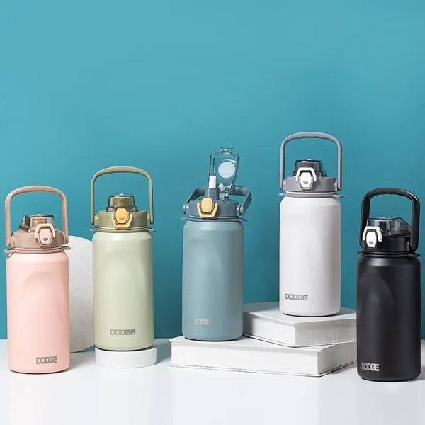 Dodge Thermos Cup 1000ml Sports Stainless Steel with Straw Lid Straight Cup Flask Large Capacity Portable Outdoor Car Water Cup 5