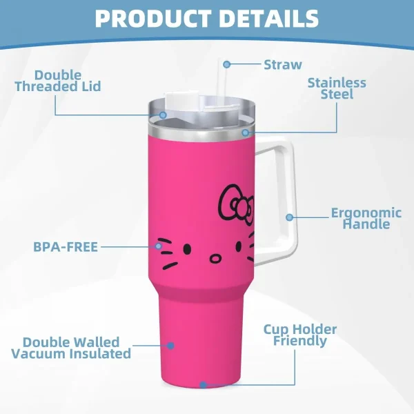 Stainless Steel Tumbler Kawaii Hello Kitty Coffee Mug Insulated Cold Drink Car Mugs Beach Custom Water Bottle 5