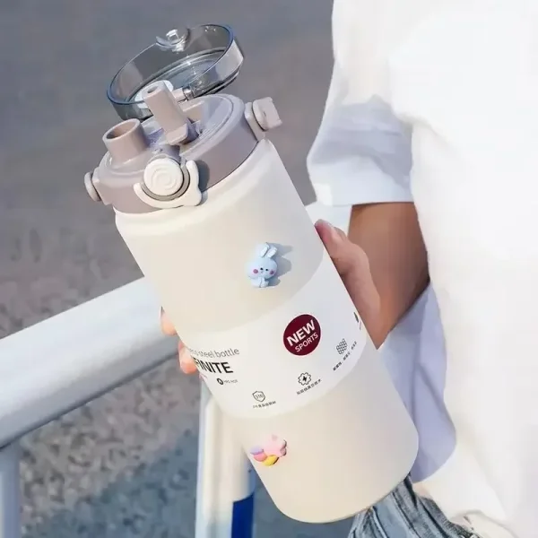 1.2L Large Capacity  Bottle with Straw Stainless Steel Double Drinking Straw Thermal Water Bottle Keep Cold and Hot Thermos Cup 1