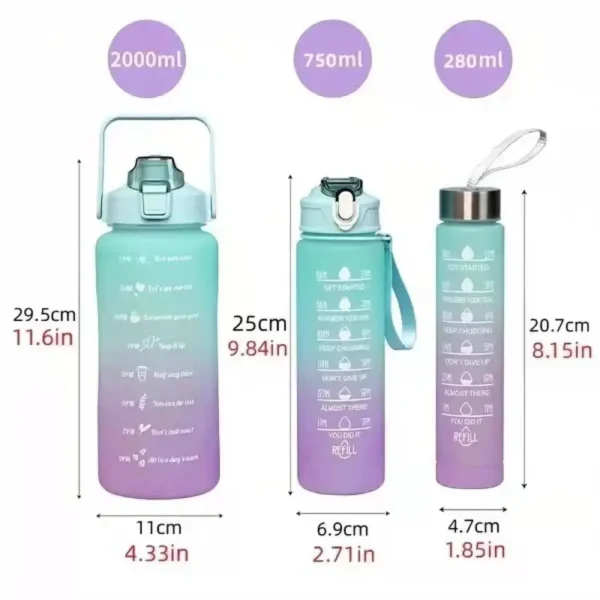 3 Pieces 2000ML/750ML/280ML Water Bottle Large Capacity Portable Sports Water Cup Gradient Color Plastic Clear Drink Bottle 5