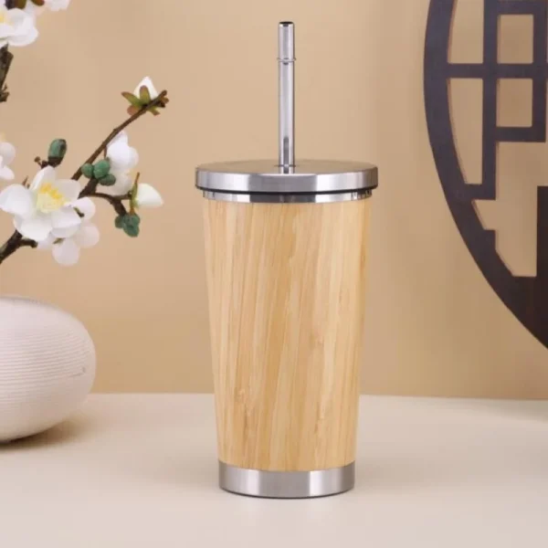 350-500ml bamboo shell thermos cup, vacuum, heat and cold protection, 304 stainless steel, portable outdoor car water bottle 4