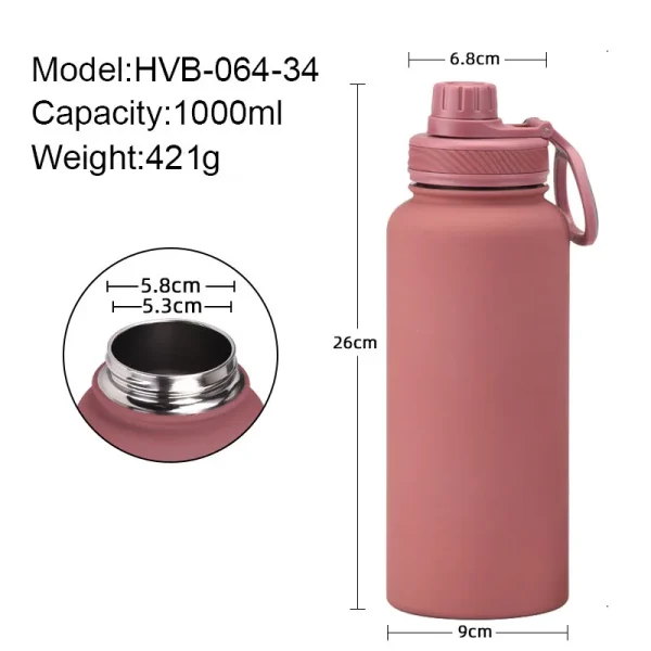 1L Large Capacity Sports Thermos Cup With Handle,Stainless Steel Vacuum Flasks,Gym Drinkware,Wide Mouth Camping Water Bottle 6