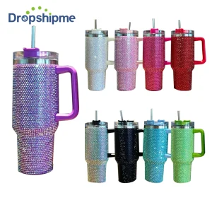 40oz Rhinestone Embellished Thermos Cup with Handle Tumbler Cup Coffee Insulated Bottle Car Vacuum Flasks Keep Cold And Ice 1