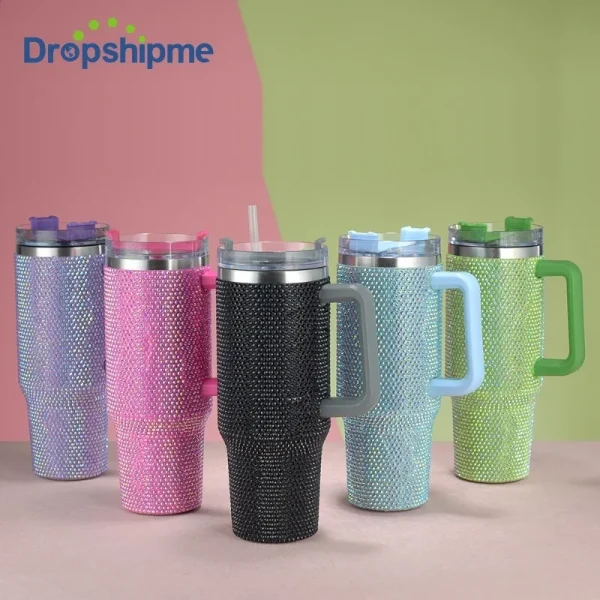 40oz Rhinestone Embellished Thermos Cup with Handle Tumbler Cup Coffee Insulated Bottle Car Vacuum Flasks Keep Cold And Ice 2