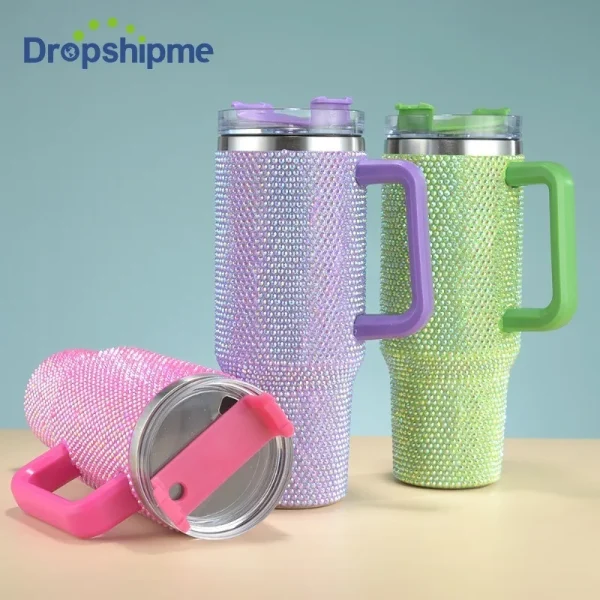 40oz Rhinestone Embellished Thermos Cup with Handle Tumbler Cup Coffee Insulated Bottle Car Vacuum Flasks Keep Cold And Ice 3