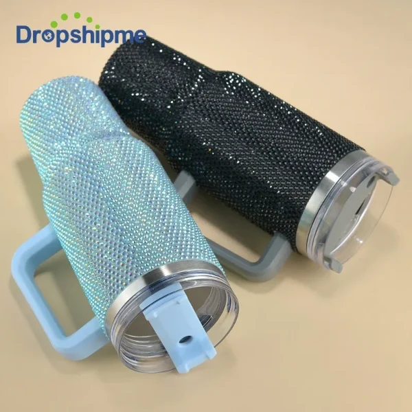 40oz Rhinestone Embellished Thermos Cup with Handle Tumbler Cup Coffee Insulated Bottle Car Vacuum Flasks Keep Cold And Ice 4