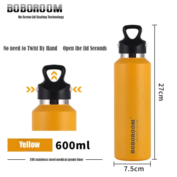 Water Bottle 316 Stainless Steel Thermos Bottle No Screw Lid Portable Vacuum Flask 600ml One-handed Push Open Car Sport Bottle 6