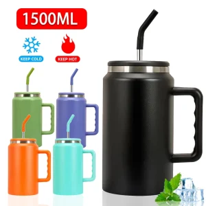 1500ml Large Capacity Tumbler With Handle Travel Coffee Mug With Straw Lid Double Wall Stainless Steel Insulated Water Bottle 1