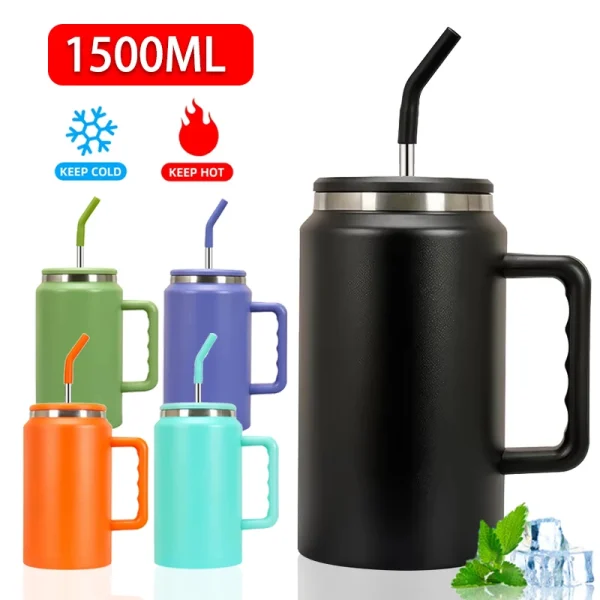 1500ml Large Capacity Tumbler With Handle Travel Coffee Mug With Straw Lid Double Wall Stainless Steel Insulated Water Bottle 1