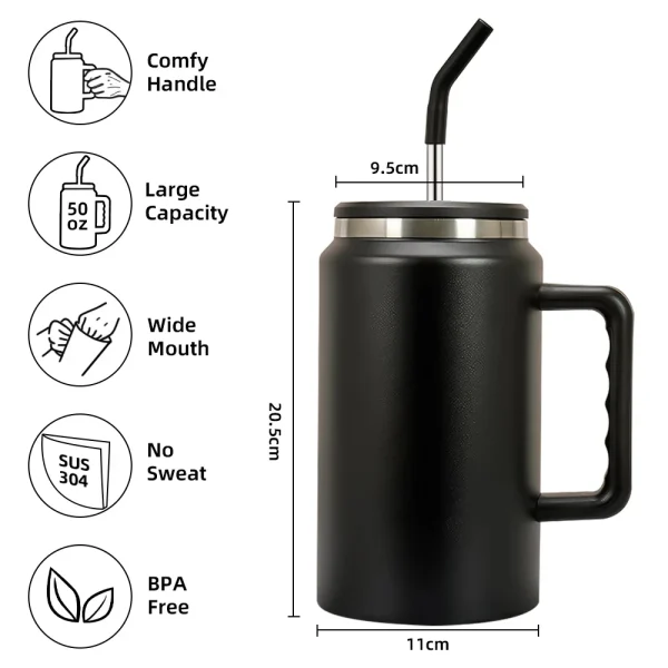 1500ml Large Capacity Tumbler With Handle Travel Coffee Mug With Straw Lid Double Wall Stainless Steel Insulated Water Bottle 4
