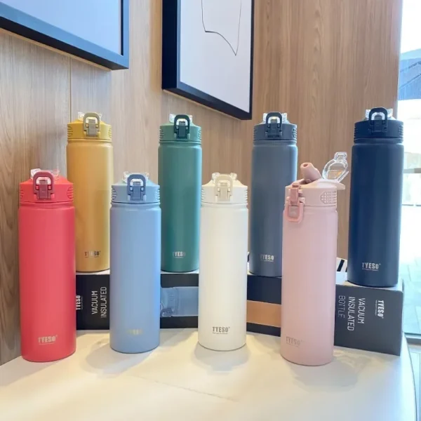 Tyeso 600ML/750ML Stainless Steel Thermos Bottles Car Insulated Cups with Straw Keeps Cold and Heat Portable Sport Thermal Mugs 3