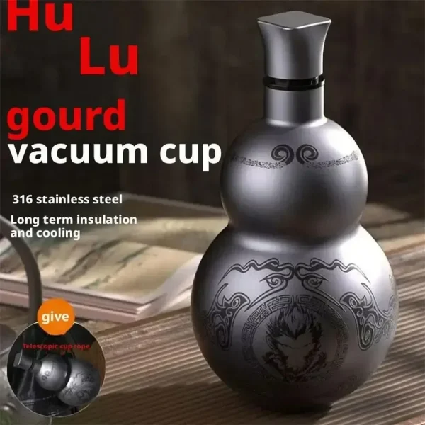 Wukong Theme Gourd Style 304 Stainless Steel Water Bottle with Lanyard Black Game Cosplay Thermal Insulation Outdoor Cup 2