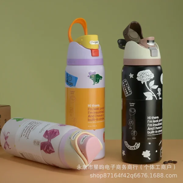 24H Hot/Cold Double-Wall Vacuum Sports Bottle w/Dual Straw, Leakproof & Car Cup Holder Fit for Gym, Outdoor 3