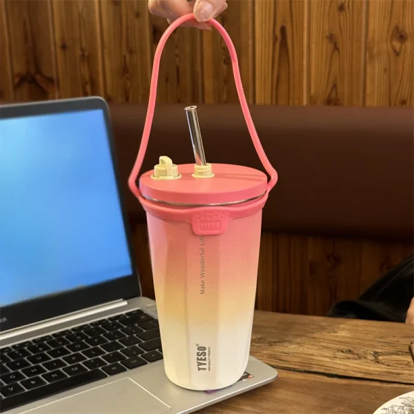 Stainless Steel Coffee Cups Vacuum Insulated Mugs Portable Large Capacity Ice Bar Thermal Cup with Silicone Rope Straw Water Cup 1