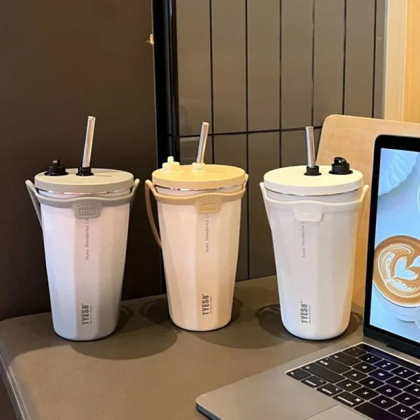 Stainless Steel Coffee Cups Vacuum Insulated Mugs Portable Large Capacity Ice Bar Thermal Cup with Silicone Rope Straw Water Cup 2