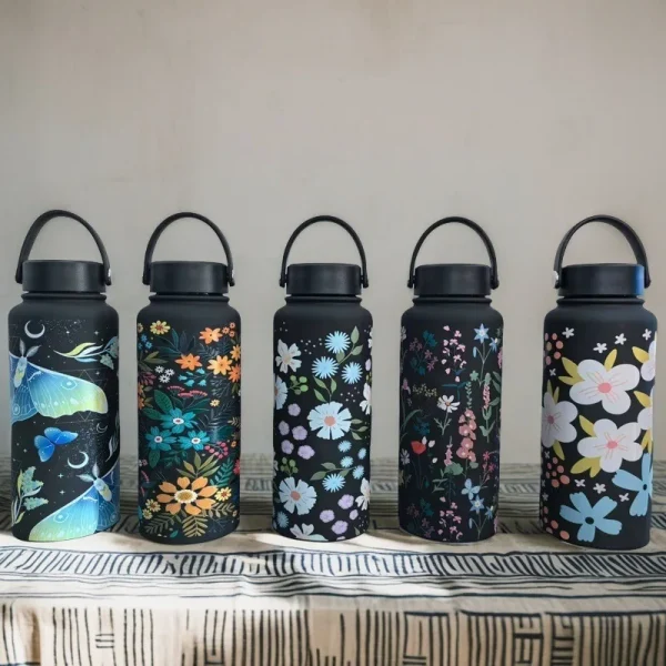 New 1000ML Cross-border Large-capacity Thermos Cup Wide-mouth Portable Outdoor Sports Kettle Double-drink Printed Water Bottles 2