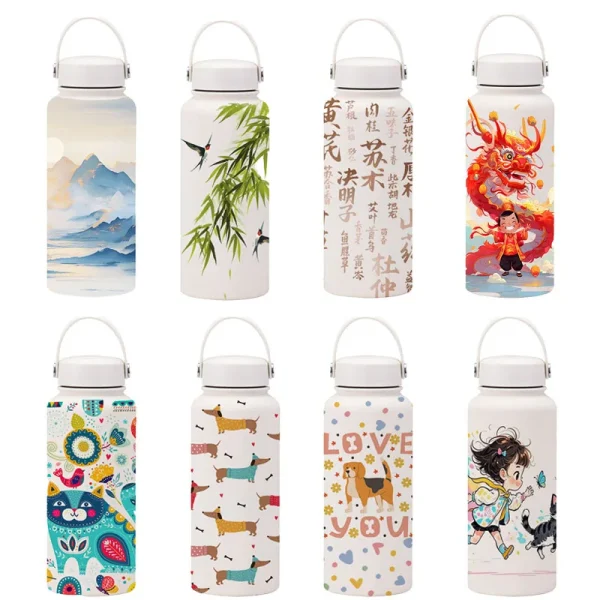 New 1000ML Cross-border Large-capacity Thermos Cup Wide-mouth Portable Outdoor Sports Kettle Double-drink Printed Water Bottles 4