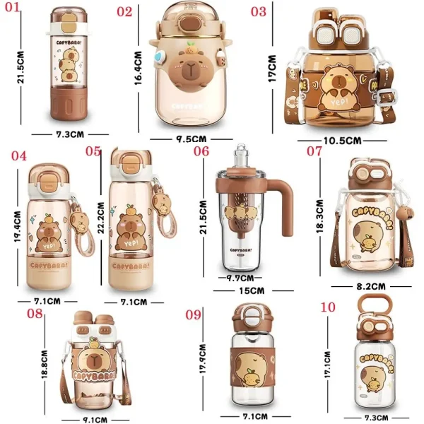 Kawaii Cartoon Capybara Water Bottle Transparent Plastic Straw Cup Large Capacity Portable Outdoor Beverage Cup 6