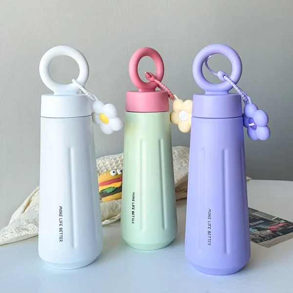 450ML Women Girls Thermos Bottle With Sunflower Pendant 316 Stainless Steel Thermal Insulation Vaccum Sport Car Water Bottle 2