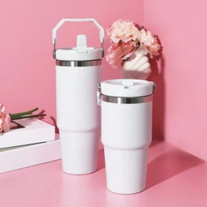 1pc Vacuum Tumbler with Lid Stainless Steel Portable Water Bottle with Dazzling Handle Insulated Tumbler Tote Handle 20/30OZ 1