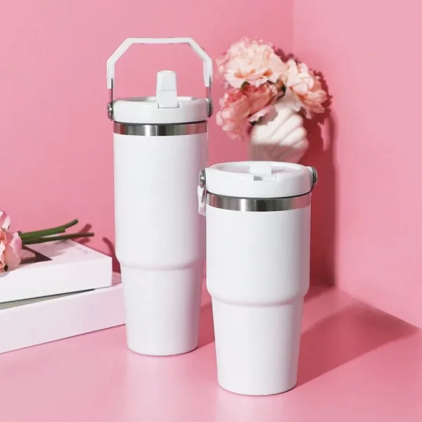 1pc Vacuum Tumbler with Lid Stainless Steel Portable Water Bottle with Dazzling Handle Insulated Tumbler Tote Handle 20/30OZ 1