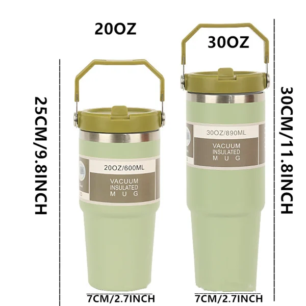 1pc Vacuum Tumbler with Lid Stainless Steel Portable Water Bottle with Dazzling Handle Insulated Tumbler Tote Handle 20/30OZ 6