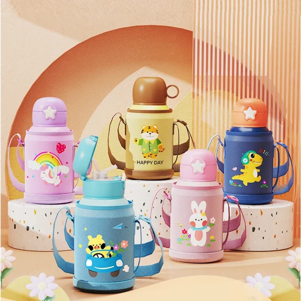 500ML Cartoon Kids Water Bottle With Strap Children Thermal Bottle Stainless Steel Vacuum Flacks Thermos Mug For School Kid Gift 2