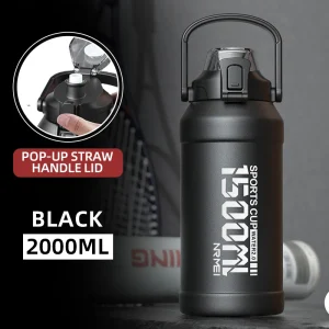 2L Water Bottle Thermos Bottle with Removable Straw Outdoor Portable Stainless Steel Water Bottle with Carry Handle for Gym 1