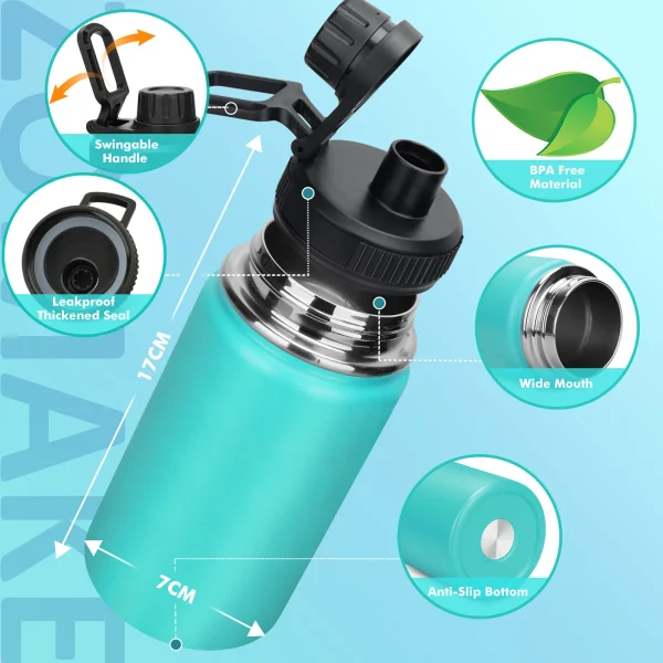 Insulated Water Bottle 360ml Kids Water Bottle 12 oz Stainless Steel Vacuum Insulated Wide Mouth Flask with Leakproof Spout Lid 5