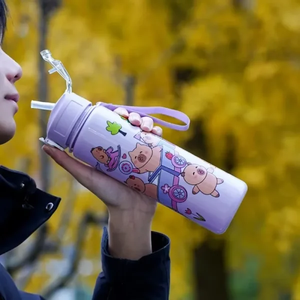 1/2/4PCS Capibara Straw Mug Cute Children's High-Value Student Portable Cartoon Mug with Carrying String Water Bottles 2