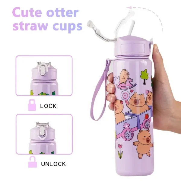 1/2/4PCS Capibara Straw Mug Cute Children's High-Value Student Portable Cartoon Mug with Carrying String Water Bottles 3
