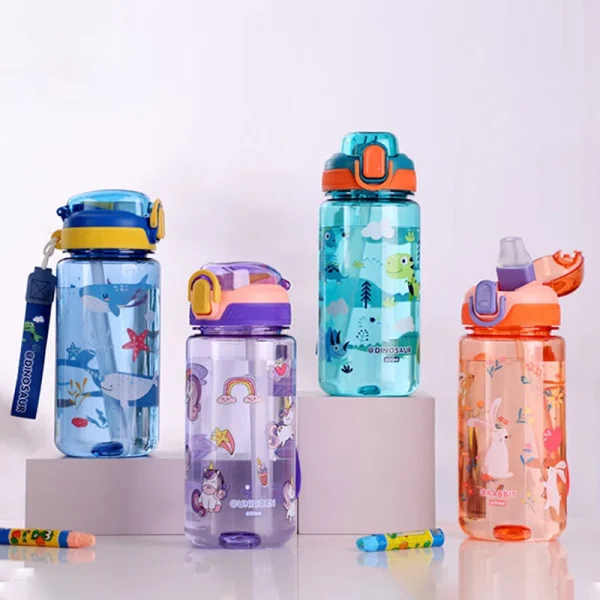 600ml Dinosaur Water Bottle For Kids Water Sippy Cup With Silicone Straw Leakproof Plastic Water Bottles Summer Kids Water Cup 2