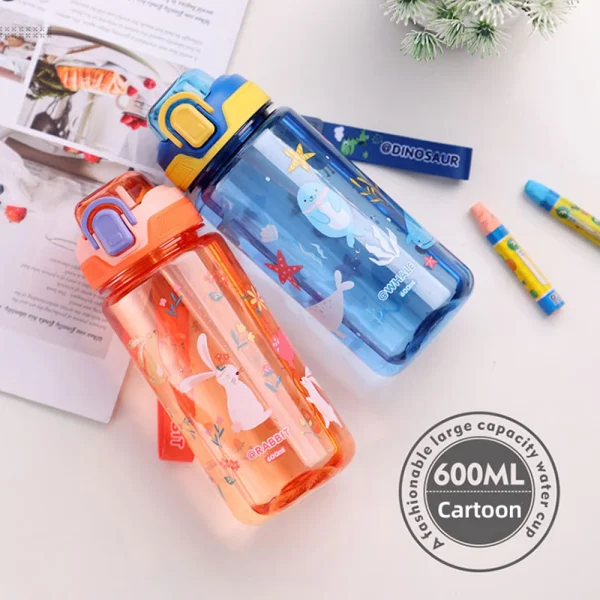 600ml Dinosaur Water Bottle For Kids Water Sippy Cup With Silicone Straw Leakproof Plastic Water Bottles Summer Kids Water Cup 3