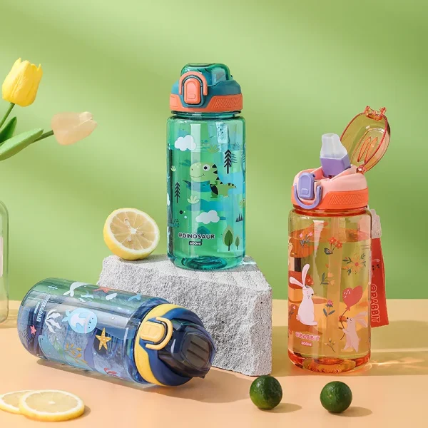 600ml Dinosaur Water Bottle For Kids Water Sippy Cup With Silicone Straw Leakproof Plastic Water Bottles Summer Kids Water Cup 4