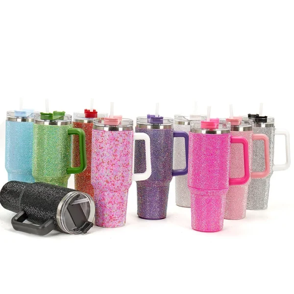 Diamond Thermos Cup with Handle,Coffee Insulated Bottle, Stainless Steel, Car Vacuum Flasks, Maintains Heat, Cold and Ice, 40oz 2