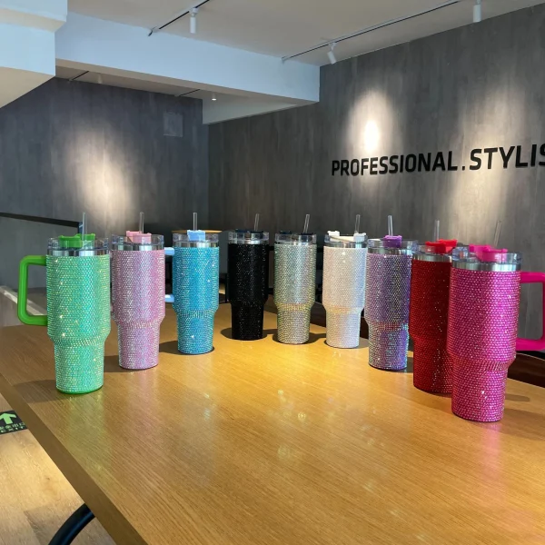 Diamond Thermos Cup with Handle,Coffee Insulated Bottle, Stainless Steel, Car Vacuum Flasks, Maintains Heat, Cold and Ice, 40oz 3