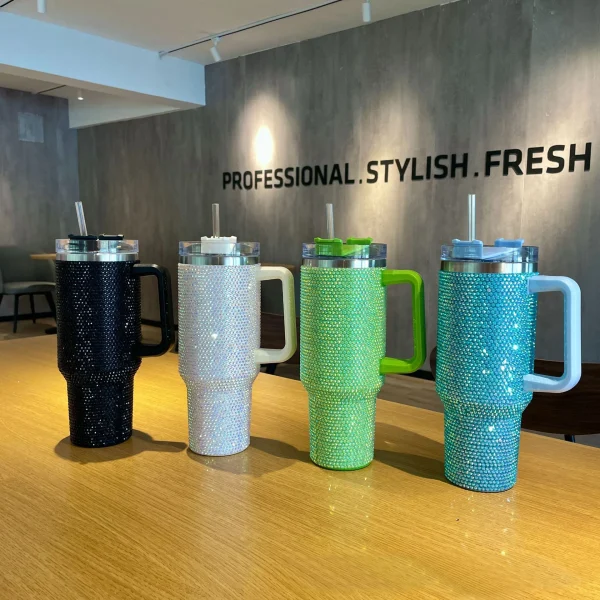 Diamond Thermos Cup with Handle,Coffee Insulated Bottle, Stainless Steel, Car Vacuum Flasks, Maintains Heat, Cold and Ice, 40oz 4