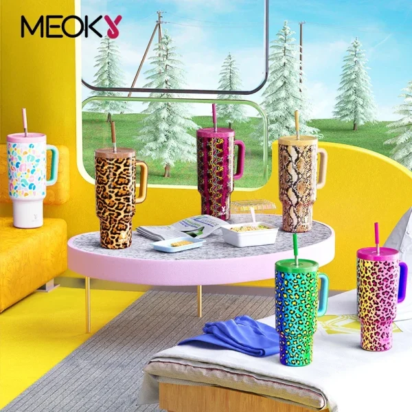 Meoky 40oz Leopard print Gradient Cup Stainless Steel Insulated Car Water Cup Leak proof Portable large Capacity Handle Cup 1