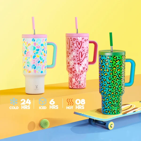Meoky 40oz Leopard print Gradient Cup Stainless Steel Insulated Car Water Cup Leak proof Portable large Capacity Handle Cup 4