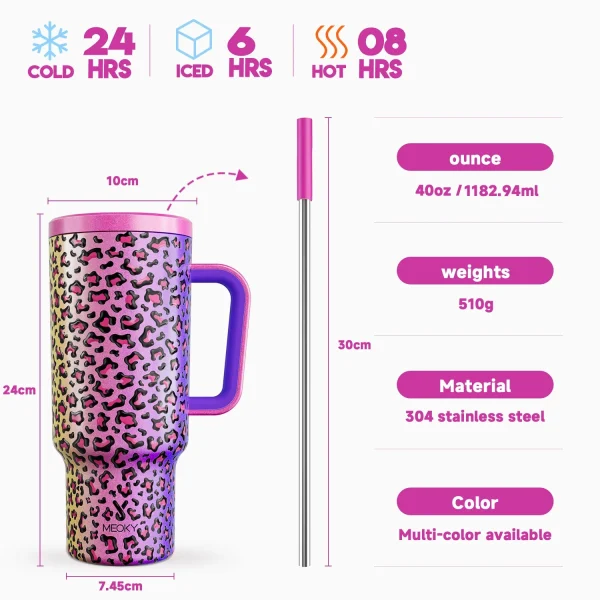 Meoky 40oz Leopard print Gradient Cup Stainless Steel Insulated Car Water Cup Leak proof Portable large Capacity Handle Cup 5