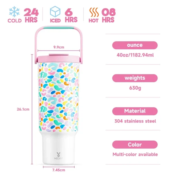 Meoky 40oz Leopard print Gradient Cup Stainless Steel Insulated Car Water Cup Leak proof Portable large Capacity Handle Cup 6