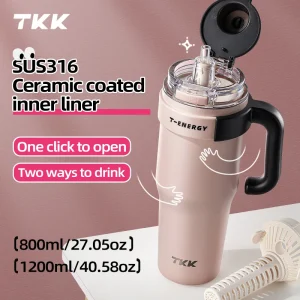 TKK 800ml/1200ml SUS316 Ceramic Coating Vacuum Cup, with Straw and Tea Strainer Vacuum Insulated Large Capacity Water Bottle 1