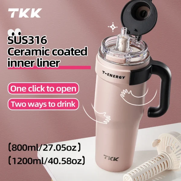TKK 800ml/1200ml SUS316 Ceramic Coating Vacuum Cup, with Straw and Tea Strainer Vacuum Insulated Large Capacity Water Bottle 1