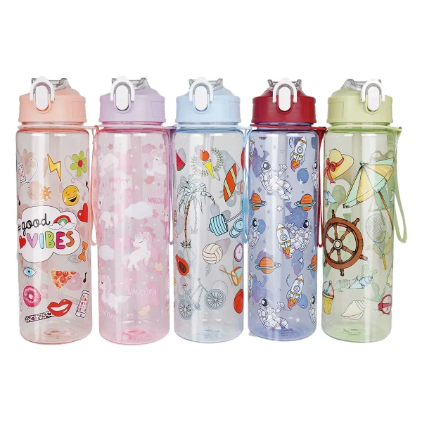 Cartoon Plastic Water Bottle Transparent 750ml Drink Bottle Macaron Shades with Carry Strap Perfect for Sports and Outdoor 1